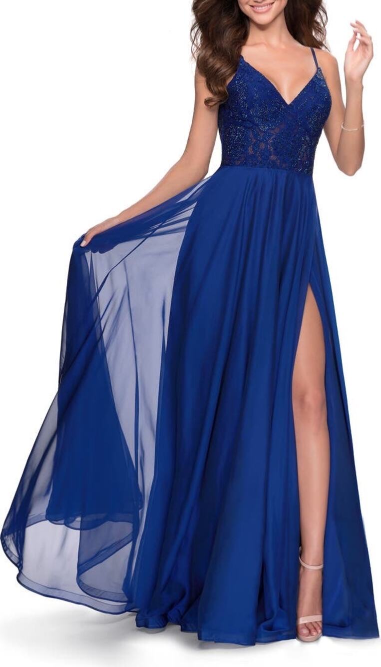 La Femme Blue Chiffon V-Neck Prom Formal Gown
Sheer Lace Bodice Size 8